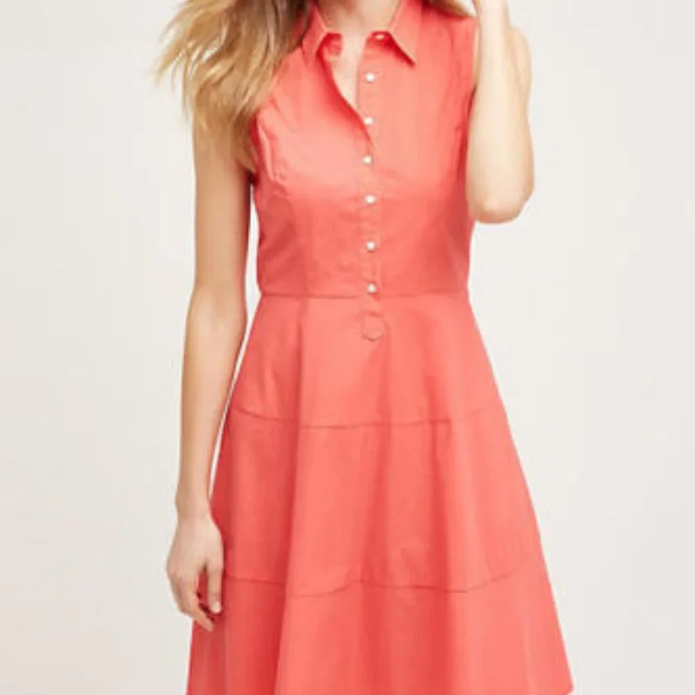 ANTHROPOLOGIE Edina Poplin Dress Coral Sleeveless Fit & Flare Cotton Shirtdress - Picture 2 of 8